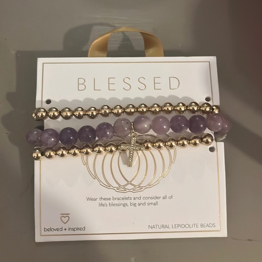 Bracelet set - 1 purple beaded bracelet w/ gold cross & 2 gold beaded bracelets